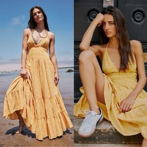 Free People Ethereal Bohemian Eyelet Lace Ruffle Halter Maxi Dress Large NEW